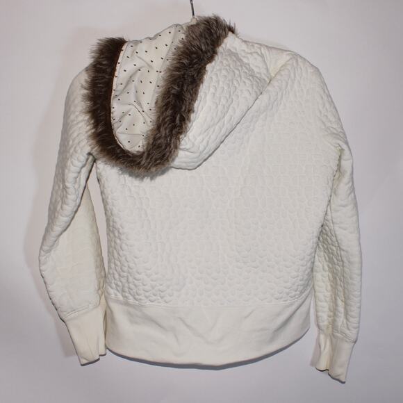 Y2K Roxy White Quilted Zip Up Jacket With A Fur Hood And Embroidery Size M - Picture 2 of 7